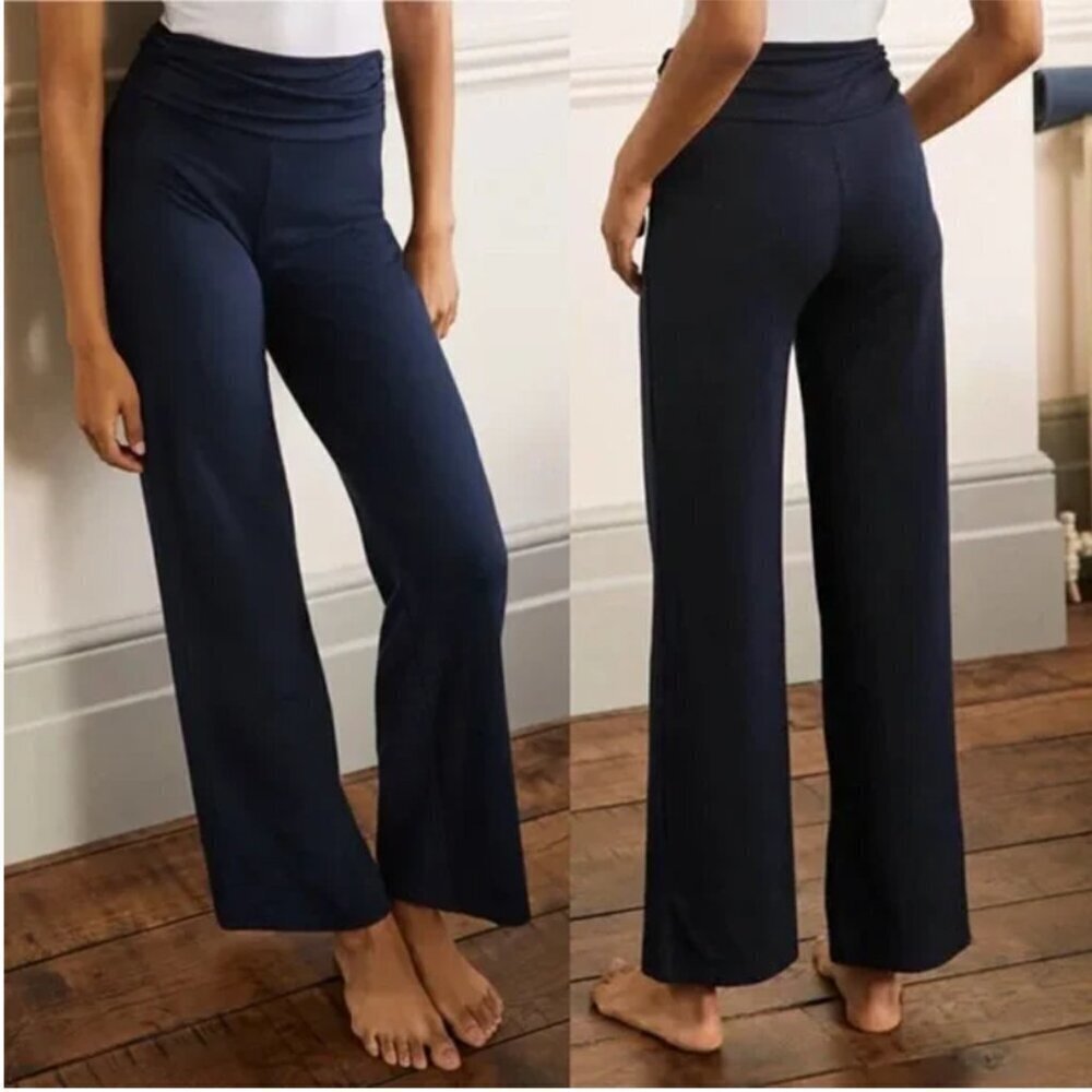 Boden Womens Navy Wide Leg Ruched Waist Jersey Pants-Size UK10/US6